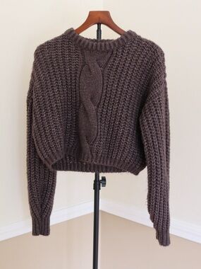 Garage Brown Chunky Cable-Knit Cropped Sweater